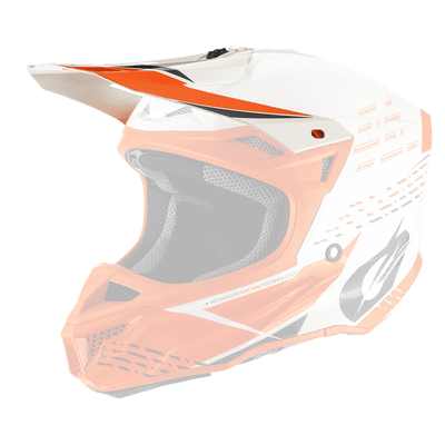 The O'NEAL Visor 5SRS Polyacrylite Helmet TRACE shown in the side profile is a white and orange motocross helmet with visor, ventilation slits and geometric patterns on a transparent background.