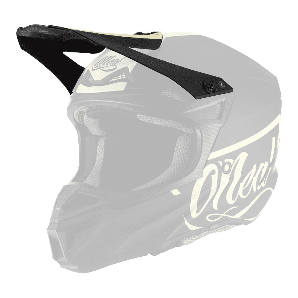El Casco O'NEAL Visor 5SRS Poliacrilita RESEDA es un casco todoterreno de color negro y crema con visera, funciones de ventilación y el nombre de la marca O'NEAL en letras grandes en el lateral.