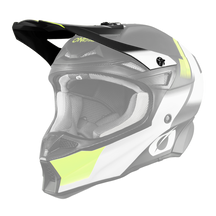 Der O'NEAL Visor 10SRS Hyperlite Helmet BLUR von O'NEAL ist ein schwarzer, weißer und neongelber Motocross-Helm mit Visier und Belüftungsöffnungen, die von der Seite auf einem transparenten Hintergrund dargestellt werden.