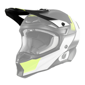 Der O'NEAL Visor 10SRS Hyperlite Helmet BLUR von O'NEAL ist ein schwarzer, weißer und neongelber Motocross-Helm mit Visier und Belüftungsöffnungen, die von der Seite auf einem transparenten Hintergrund dargestellt werden.