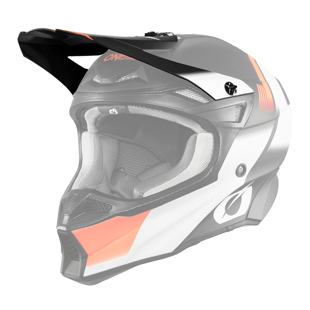 Le casque O'NEAL Visor 10SRS Hyperlite BLUR de O'NEAL est un casque tout-terrain noir-blanc-orange avec une visière, des ouvertures d'aération et un intérieur rembourré, présenté en vue de côté sur un fond transparent.