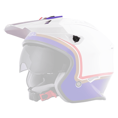 Der O'NEAL Visor VOLT Helm ROTHMANS ist ein weiß-blauer Motorradhelm mit roten und goldenen Streifen, schwarzem Visier, Kinnriemen und roter Schnalle, dargestellt von der Seite auf einem transparenten Hintergrund.