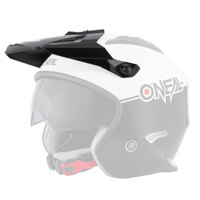 Der O'NEAL Visor VOLT Helmet CLEFT ist ein schwarz-weißer Motorradhelm mit Visier, Sonnenblende, Kinnschutz und roter Kinnriemenschnalle, dargestellt im Seitenprofil.