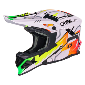 El Casco O'NEAL F-SRS CRUX es un colorido casco de motocross con visera que presenta llamativos motivos geométricos en blanco, negro, verde, amarillo y naranja, así como el logotipo O'NEAL en el lateral.