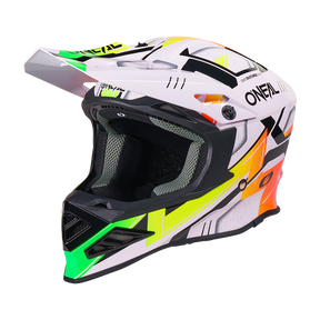 El casco O'NEAL F-SRS CRUX es un casco de motocross blanco/multi con toques de color, una gran visera y la llamativa marca O'NEAL.