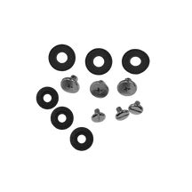 Das O'NEAL Schraubenset PXR Stone Shield von O'NEAL besteht aus sechs Metallschrauben und sechs schwarzen Gummischeiben (drei große, drei kleine), die auf einem unifarbenen Hintergrund angeordnet sind.