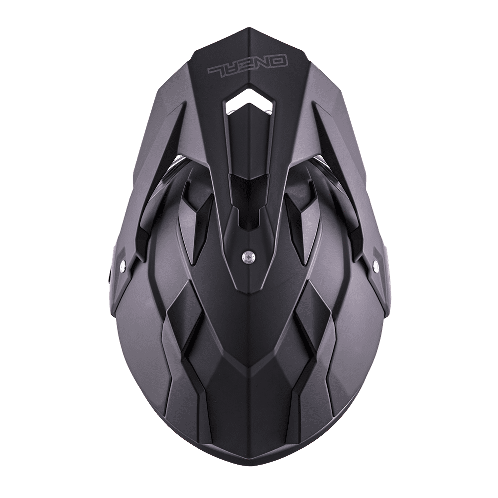 Der O'NEAL SIERRA Helm FLAT, von oben in mattschwarz, zeigt scharfe, kantige Linien, Belüftungsöffnungen und ein Visier - eine Kombination aus innovativer Technik und Schutz auf höchstem Niveau.