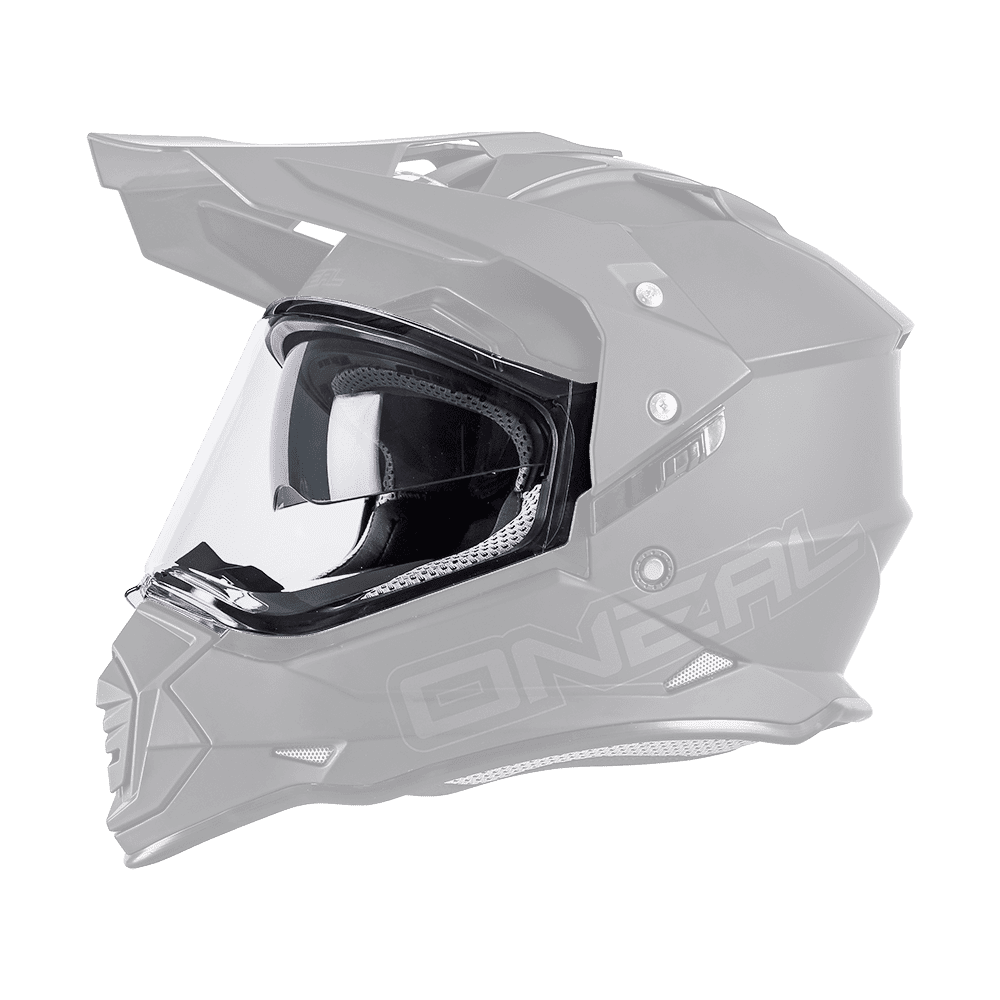 A matt black O'NEAL SIERRA helmet with clear replacement shield, angular design and O'NEAL logo on the side (from left).