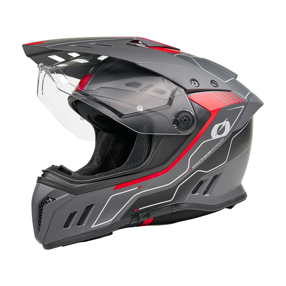 A black and red O'NEAL SIERRA RS helmet ECHO motorcycle helmet with aerodynamic vents, clear visor and optional Quin Smart Safety Sensor, shown on a white background.