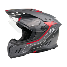 Casco de moto O'NEAL Sierra RS ECHO negro y rojo con orificios de ventilación aerodinámicos, visera transparente y sensor Quin Smart Safety opcional, sobre fondo blanco.