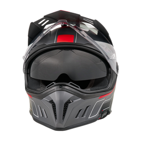 Vista frontal del casco O'NEAL Sierra RS ECHO by O'NEAL en negro y gris con detalles rojos, visera transparente hacia arriba, visor solar integrado sobre los ojos y Sensor Inteligente de Seguridad Quin, mostrado sobre un fondo blanco liso.