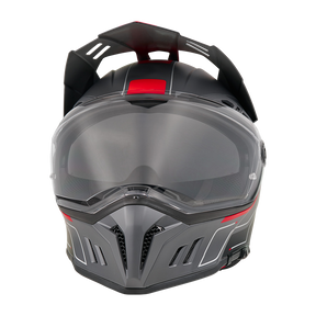Casco de moto integral O'NEAL Sierra RS ECHO negro y gris con detalles rojos, visera transparente y sensor Quin Smart Safety Sensor, mostrado de frente sobre fondo blanco.