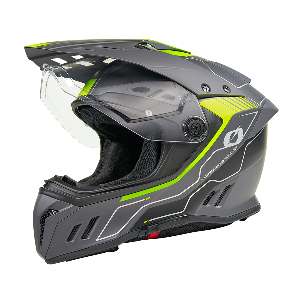 A gray and black O'NEAL SIERRA RS helmet ECHO motorcycle helmet with neon green accents, clear visor, rear spoiler and advanced E.Q.R.S. system is shown from the side on a white background.