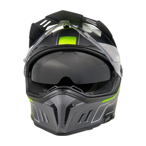 Vista frontal del casco O'NEAL Sierra RS ECHO de O'NEAL en negro/gris con detalles verdes, con visera transparente, visor solar, aberturas de ventilación aerodinámicas, sistema E.Q.R.S. y diseño moderno y anguloso.