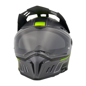 Un casco de moto O'NEAL Sierra RS ECHO negro mate con visera transparente, diseño angular y detalles en verde neón, mostrado frontalmente sobre un fondo blanco liso.