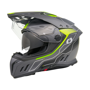 Un casco de moto O'NEAL Sierra RS ECHO gris mate con detalles en amarillo neón y blanco, visera transparente, interior negro, sensor Quin Smart Safety y orificios de ventilación aerodinámicos se muestra de perfil lateral sobre un fondo blanco liso.