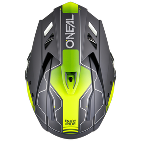 Vista superior del casco O'NEAL Sierra RS ECHO en negro y amarillo neón, inspirado en el diseño de los cascos de moto, con aberturas de ventilación angulares y las impresiones "ONEAL" y "ENJOY THE RIDE".