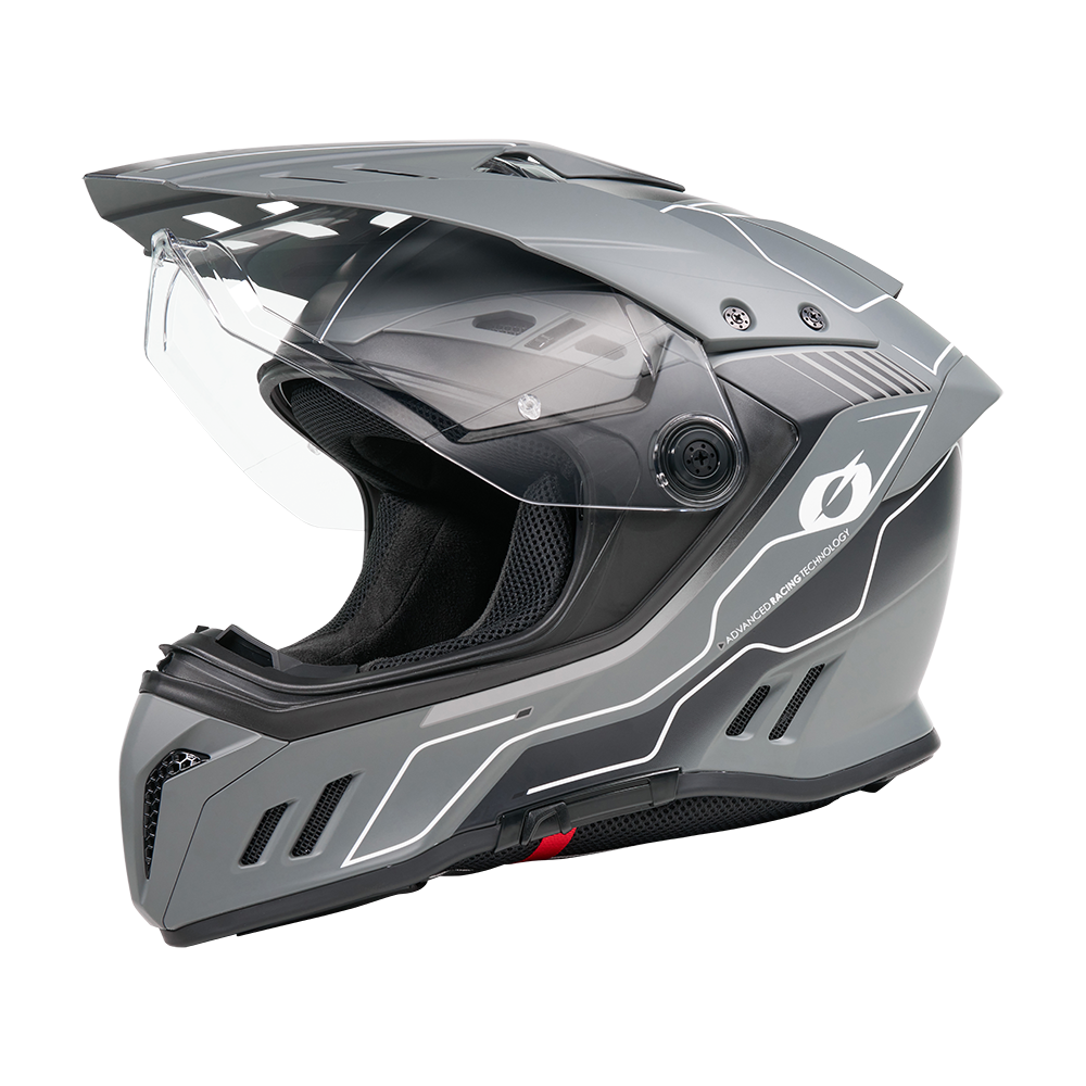 The O'NEAL SIERRA RS helmet ECHO is a gray full-face helmet with a clear visor, black inner padding and white angular accents, shown in the side profile on white. Features the E.Q.R.S. system for added safety.
