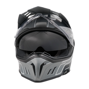 Vista frontal del casco O'NEAL Sierra RS ECHO de O'NEAL, un moderno casco integral para moto en negro y gris con visera tintada, aberturas de ventilación angulares y elementos de seguridad como el sistema E.Q.R.S.