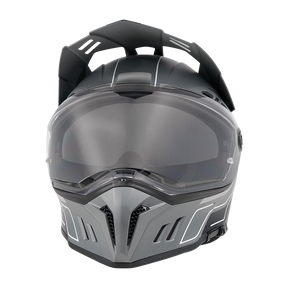 Casco integral O'NEAL Sierra RS negro mate y gris ECHO con visera transparente, aberturas de ventilación angulares y un llamativo pico aerodinámico, visto de frente sobre un fondo blanco liso.