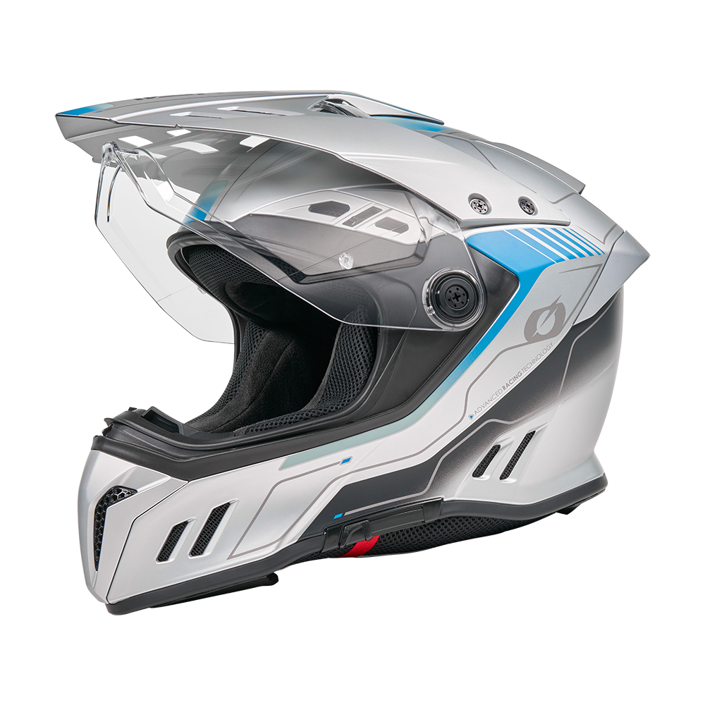 A gray/blue O'NEAL SIERRA RS helmet ECHO motorcycle helmet with clear visor, aerodynamic vents and modern design is shown on the side against a white background.