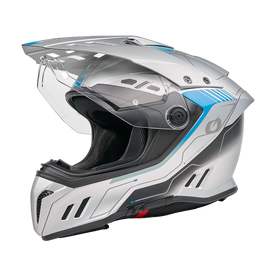 Un casque SIERRA RS gris/bleu Casque moto ECHO avec une visière claire, des aérations aérodynamiques et un design moderne est montré sur le côté sur un fond blanc.