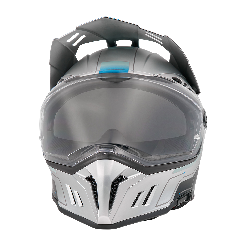Der O'NEAL SIERRA RS Helm ECHO, ein silberner Motorradhelm von O'NEAL, verfügt über ein klares Visier, aerodynamische Belüftungsöffnungen, ein kantiges Design und den Quin Smart Safety Sensor. Fotografiert von vorne auf einem schlichten weißen Hintergrund.