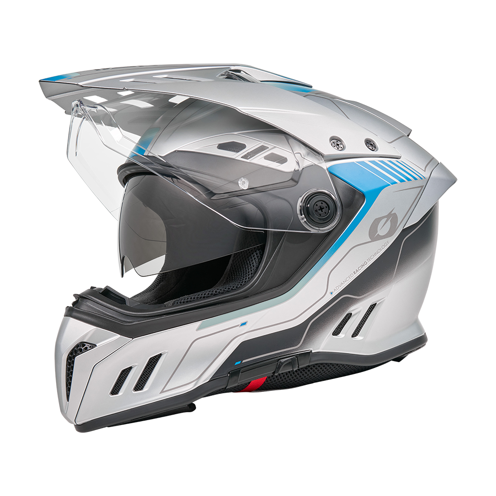 The O'NEAL SIERRA RS helmet ECHO, a silver-blue motorcycle helmet with clear visor, ventilation openings, aerodynamic design and optional Quin Smart Safety Sensor, is shown in profile on a plain white background.