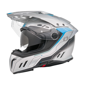 El casco O'NEAL Sierra RS ECHO, un casco de moto azul plateado con visera transparente, aberturas de ventilación, diseño aerodinámico y Sensor de Seguridad Inteligente Quin opcional, se muestra de perfil sobre un fondo blanco liso.