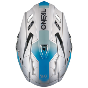 Vista superior del casco O'NEAL Sierra RS ECHO blanco y azul con aberturas de ventilación cuadradas, etiquetado "ONEAL" y "ENJOY 2 RIDE", compatible con el Sensor de Seguridad Inteligente Quin.