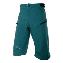 O'NEAL ROCKSTACKER Shorts by O'NEAL, teal, knee-length, with front snap button, side zipper pockets, ventilation holes and a reflective stripe on the left knee. Shown on a plain white background.
