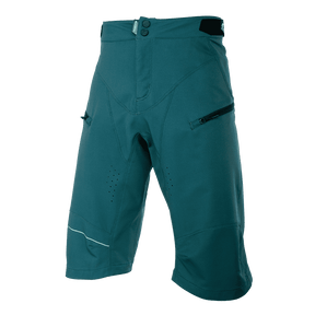 Short O'NEAL ROCKSTACKER de O'NEAL, bleu-vert, longueur au genou, avec bouton-pression sur le devant, poches latérales zippées, trous d'aération et une bande réfléchissante sur le genou gauche. Représenté sur un fond blanc uni.