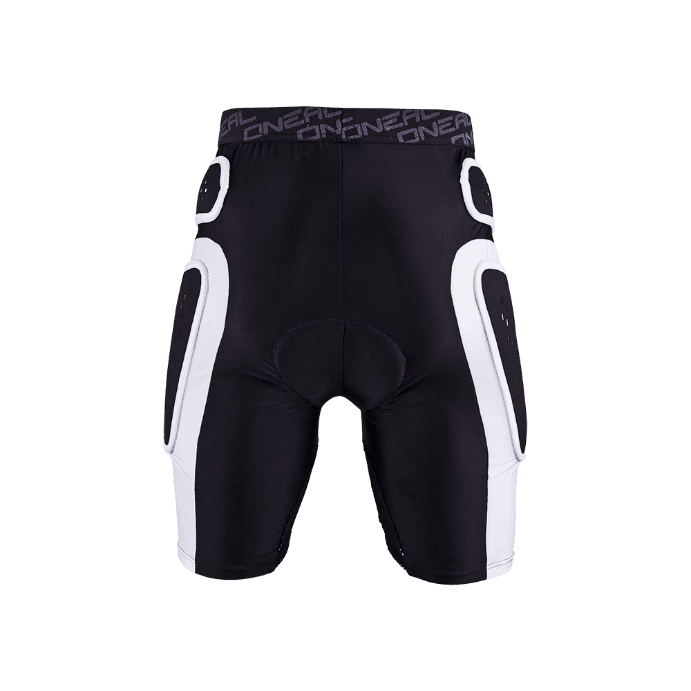Die O'NEAL PRO SHORT von O'NEAL ist eine schwarz-weiß gepolsterte Radhose mit verstärkten Oberschenkeln und Hüften sowie einem elastischen "ONEAL"-Bund. Abgebildet auf einem transparenten Hintergrund.