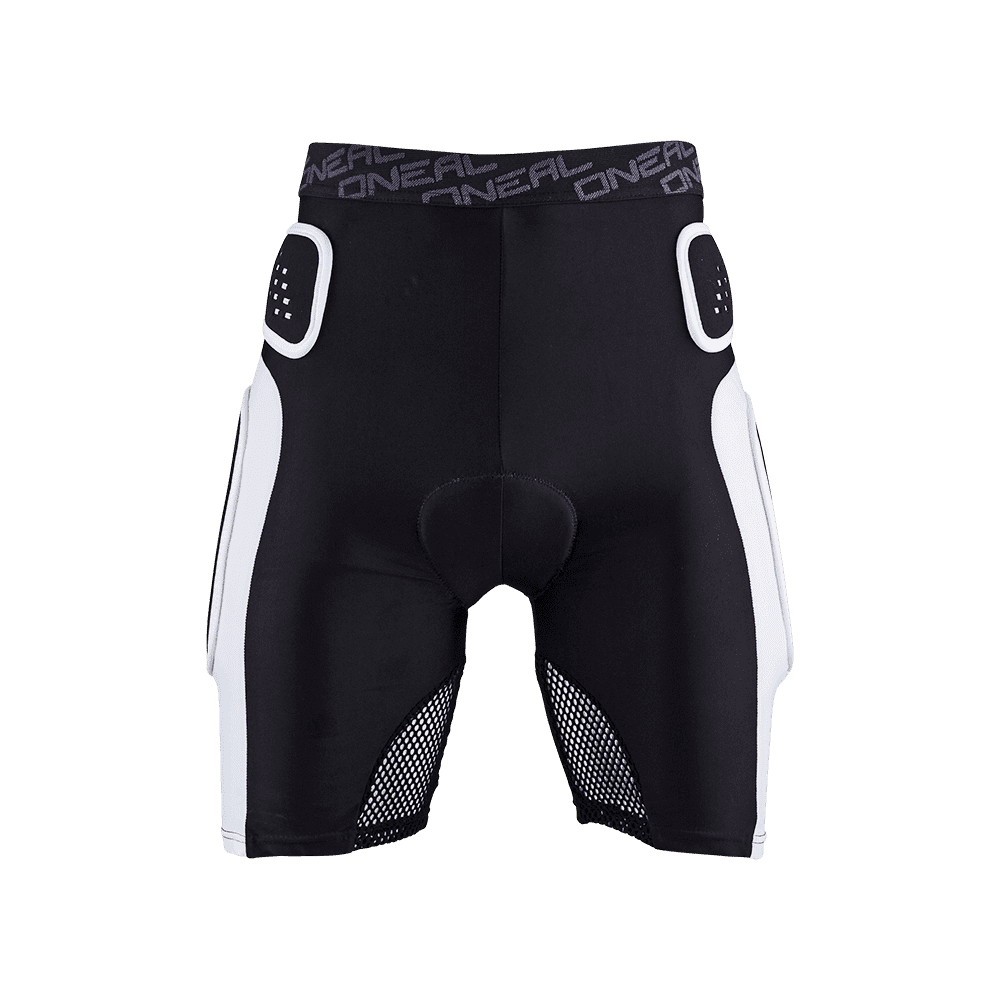 Die O'NEAL PRO SHORT von O'NEAL ist eine schwarz-weiße Radlerhose mit Mesh-Einsätzen und Polsterungen an Hüfte und Oberschenkeln. Sie bietet erstklassigen Schutz auf einem sauberen weißen Hintergrund.
