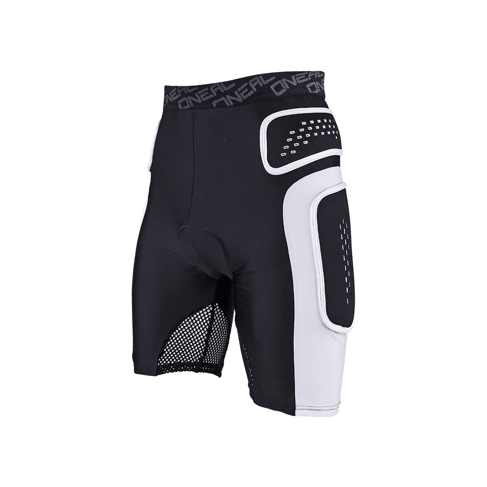 Die O'NEAL PRO SHORT ist eine schwarze, gepolsterte Radhose mit weißen Schutzeinsätzen an den Oberschenkeln und der Hüfte, Mesh-Belüftungseinsätzen und einem elastischen O'NEAL-Bund. Hochwertige Ausrüstung für Radfahrer. Auf einfarbigem Hintergrund abgebildet.