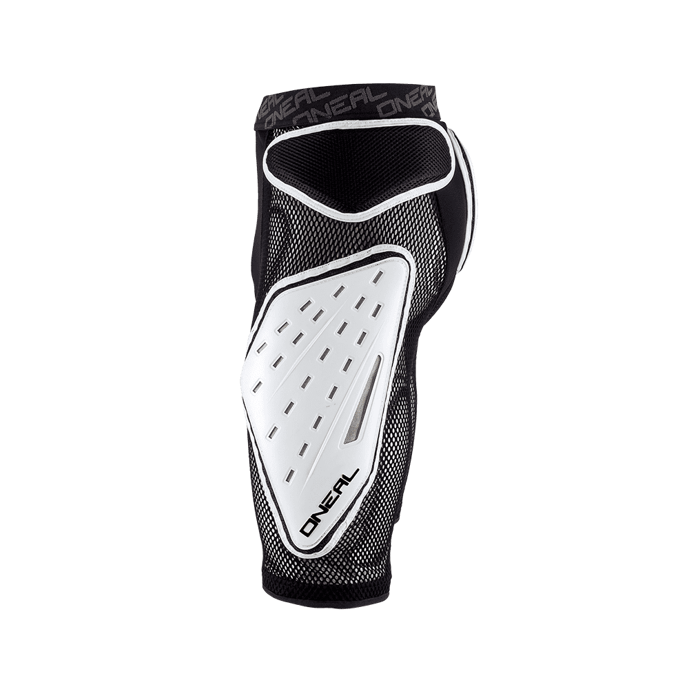 Ein schwarz-weißer O'NEAL-Knie- und Schienbeinschützer aus Hartschale und Mesh-Gewebe, der in Kombination mit der O'NEAL KAMIKAZE Short für besseren Schutz beim Sport oder Motorradfahren sorgt.