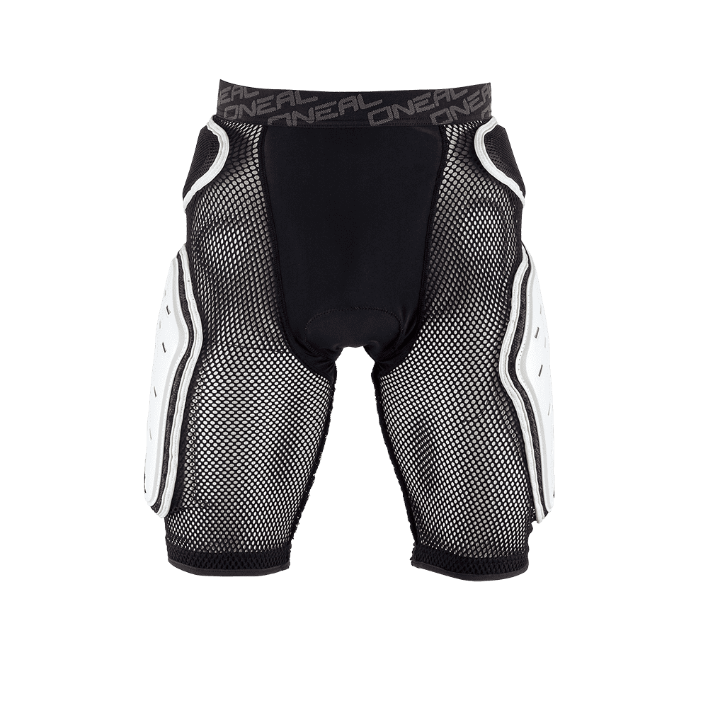 Die O'NEAL KAMIKAZE Short ist eine schwarz-weiß gepolsterte Short mit Mesh-Einsätzen und harter Seitenpolsterung von O'NEAL, die für den Sport oder das Radfahren entwickelt wurde, dargestellt auf einem transparenten Hintergrund.