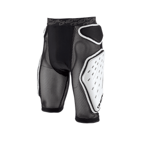 Le short O'NEAL KAMIKAZE de O'NEAL est un short de compression noir avec un rembourrage blanc sur les cuisses et les hanches, conçu pour la sécurité pendant le sport ou le cyclisme et illustré sur un fond transparent.