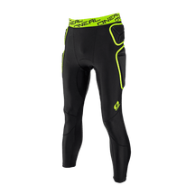 Die O'NEAL TRAIL Hose in Schwarz und Neon-Gelb von O'NEAL bietet gepolsterte Verstärkungen an Hüfte und Oberschenkel, breiten Bund mit Logo sowie verstärkte Panels, präsentiert auf schlichtem Hintergrund.