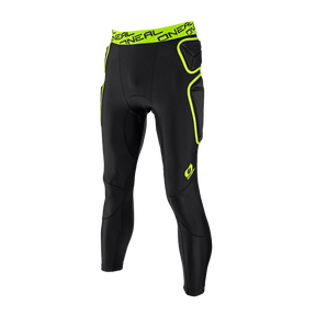 Die O'NEAL TRAIL Hose in Schwarz und Neon-Gelb von O'NEAL bietet gepolsterte Verstärkungen an Hüfte und Oberschenkel, breiten Bund mit Logo sowie verstärkte Panels, präsentiert auf schlichtem Hintergrund.