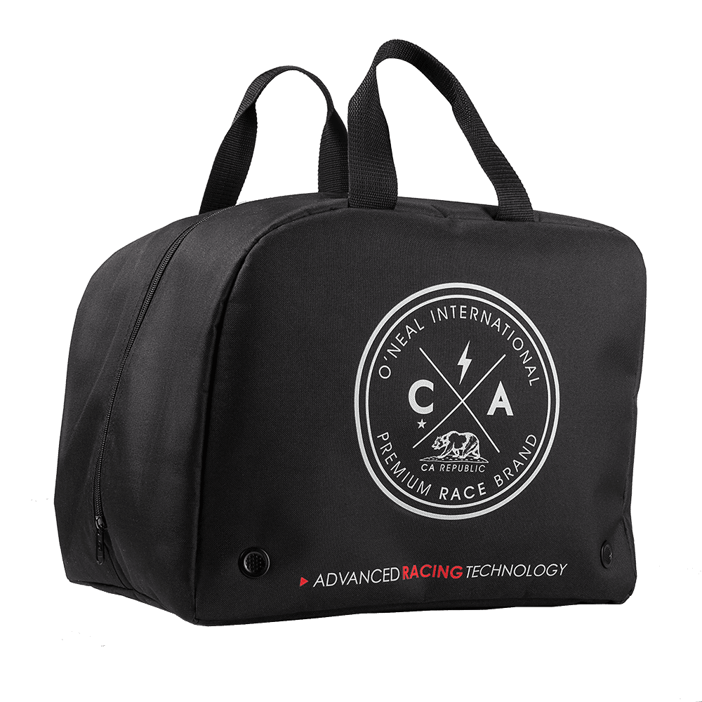 Die O'NEAL HELMET BAG ist eine schwarze Helmtasche mit zwei Griffen, die das runde internationale Logo von O'NEAL und den Schriftzug ADVANCED RACING TECHNOLOGY" trägt - ideal für die Aufbewahrung Ihres Motorsporthelms.