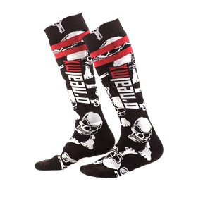 Les mi-bas des chaussettes O'NEAL PRO MX CROSSBONE sont ornés d'une tête de mort blanche, de bandes rouges et blanches sur le dessus et de l'inscription "O'NEAL" - un style motocross classique pour chaque sortie.