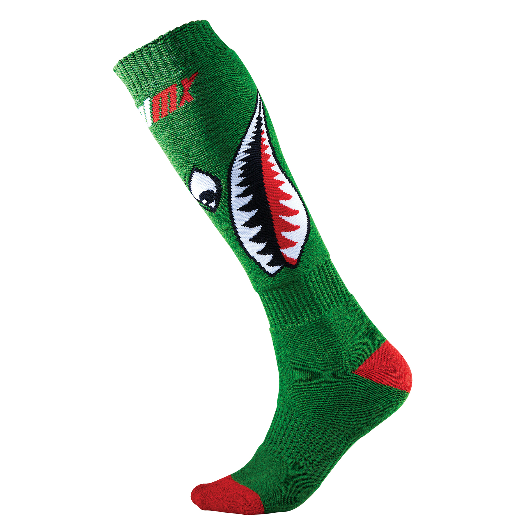 Die O'NEAL PRO MX Socke BOMBER von O'NEAL ist eine grüne, kniehohe Mountainbike-Socke mit roten Zehen- und Fersenakzenten und der Grafik eines Hais mit offenem Maul, scharfen Zähnen und einem weißen Auge an der Seite.
