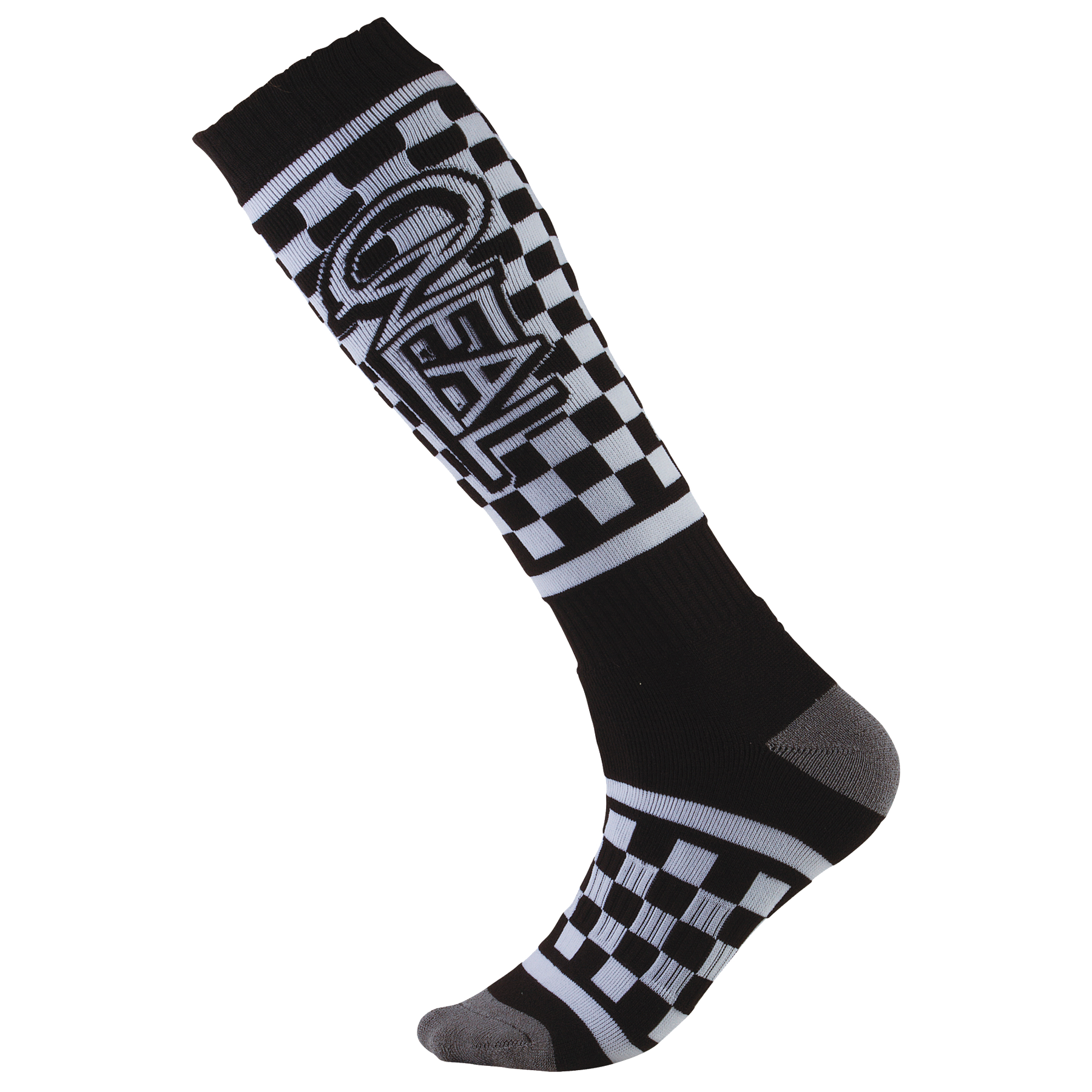 Die O'NEAL PRO MX Socke VICTORY zeichnet sich durch ein schwarz-weißes Schachbrettmuster, graue Zehen- und Fersenpartie und einen auffälligen "O'NEAL"-Schriftzug aus und bietet sowohl Stil als auch Komfort für Motocross-Fahrer.