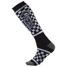 The O'NEAL PRO MX Sock VICTORY features a black and white checkerboard pattern, gray toe and heel and eye-catching "O'NEAL" lettering, offering both style and comfort for motocross riders.