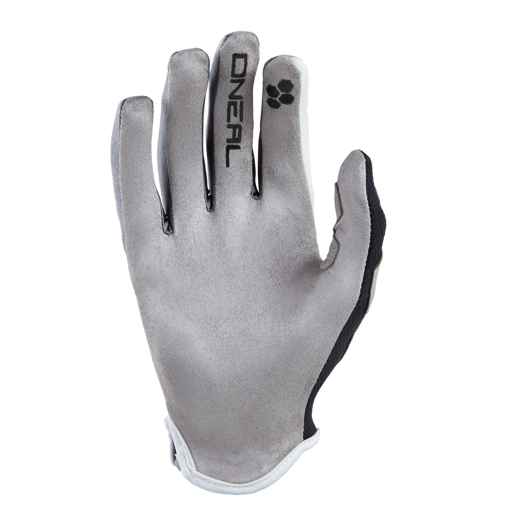 Ein grauer O'NEAL PODIUM Handschuh mit schwarzen Akzenten und O'NEAL-Logo, dargestellt mit der Handfläche nach unten auf schwarzem Hintergrund.