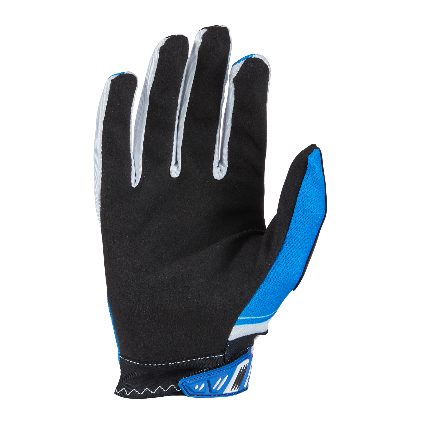 Der O'NEAL VAULT Handschuh RACEWEAR von O'NEAL, abgebildet mit der Handfläche nach oben in schwarz mit blauen und weißen Akzenten, verfügt über weiße Nähte und einen blauen Riemen im Bereich des Handgelenks, der Flexibilität und starken Grip für optimale Leistung bietet.