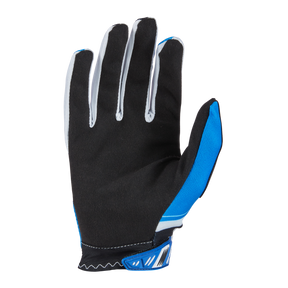 The O'NEAL VAULT glove RACEWEAR by O'NEAL, pictured palm up in black with blue and white accents, features white stitching and a blue strap around the wrist that provides flexibility and strong grip for optimal performance.