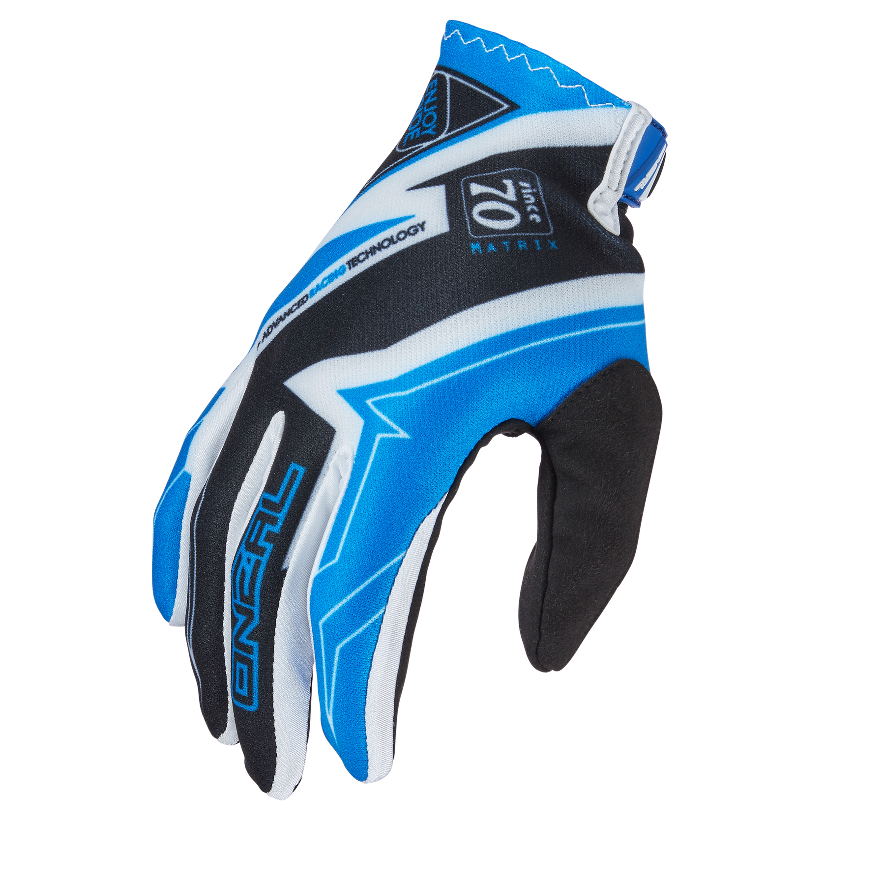Ein blauer, schwarzer und weißer O'NEAL VAULT Handschuh RACEWEAR mit geometrischen Mustern, "ONEAL" auf dem Zeigefinger, einem "MATRIX"-Logo auf dem Handrücken und starkem Griff - dargestellt auf weißem Hintergrund.