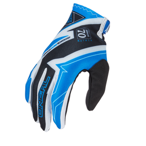A blue, black and white O'NEAL VAULT RACEWEAR glove with geometric patterns, "ONEAL" on the index finger, a "MATRIX" logo on the back of the hand and a strong grip - shown on a white background.